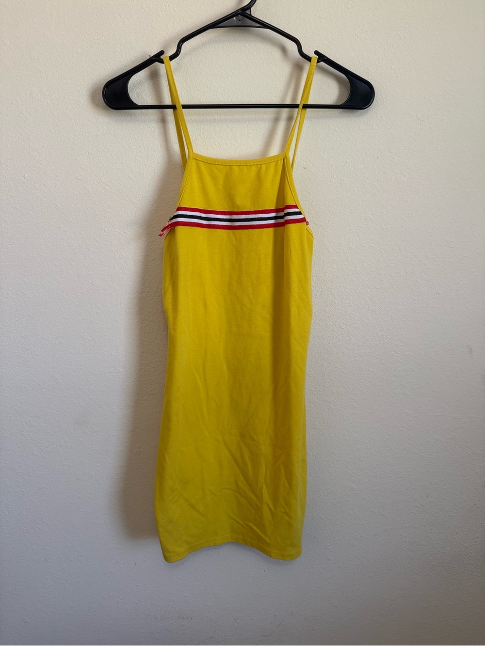 Yellow Spaghetti Strap Bodycon Dress with Red-White-Black Stripe